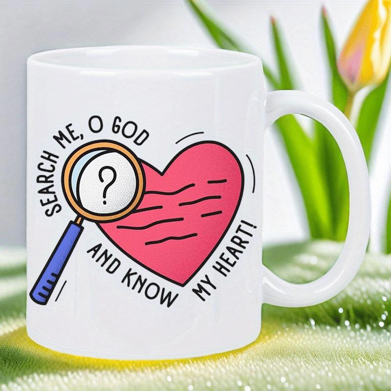 Tailorly White Ceramic 11 oz Mug - Search Me O God And Know My Heart Stylized Pink Silhouette With Artistic Magnifying Glass Inspecting Inner Spirit Heart