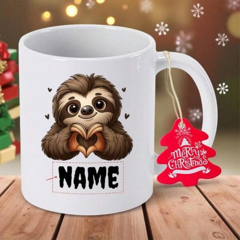 Tailorly White Ceramic 11 oz Mug - Name Adorable Furry Character Making Heart Gesture Under Sweet Floating Hearts Sloth