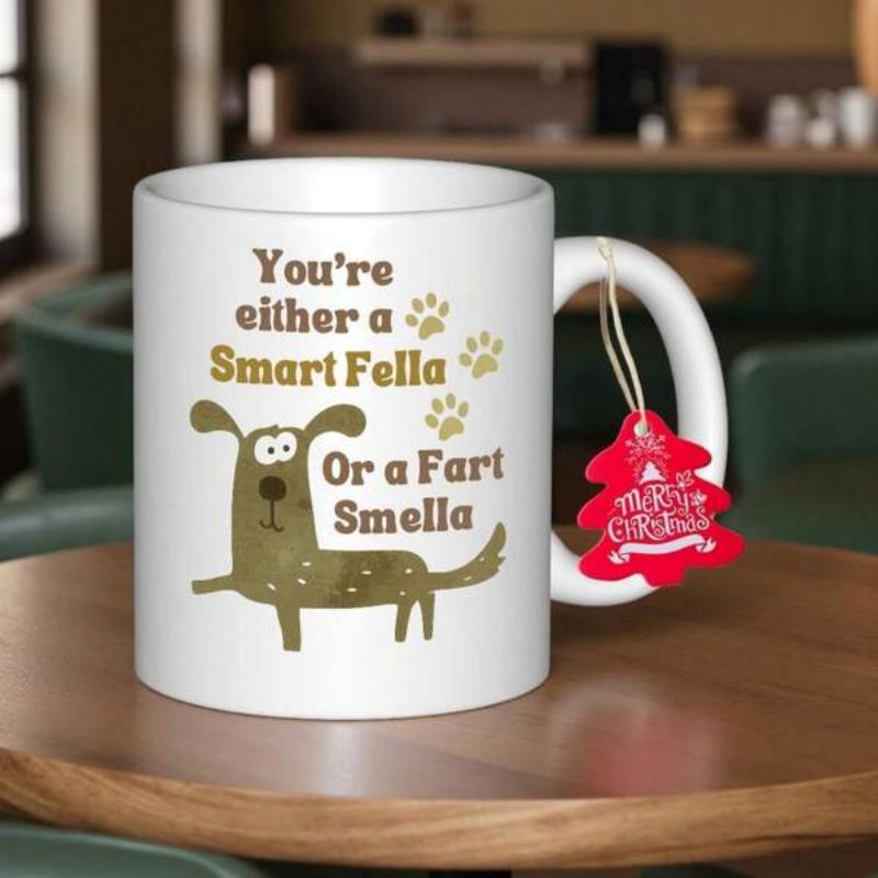 Tailorly White Ceramic 11 oz Mug - Youre Either A Smart Fella Or A Fart Smella Playful Cartoon Canine With Wide Eyes And Golden Paw Prints Dog