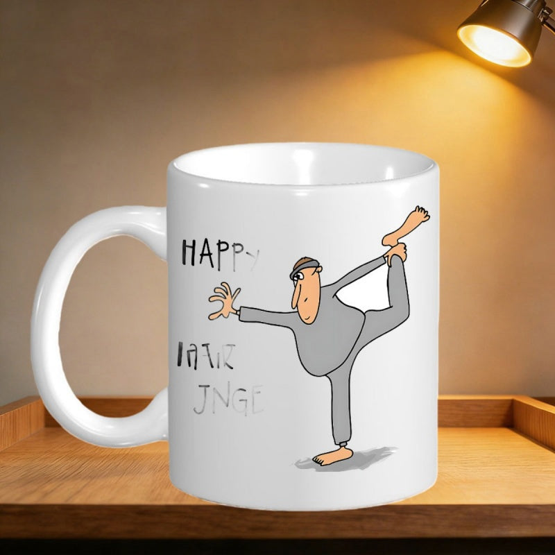 Tailorly White Ceramic 11 oz Mug - Happy Whimsical Cartoon Balancing Gracefully On One Leg Practicing Peaceful Yoga Man