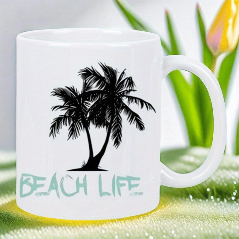 Tailorly White Ceramic 11 oz Mug - Beach Life Black Silhouettes Of Tropical Palms Swaying Under Warm Summer Sunshine Palm Tree