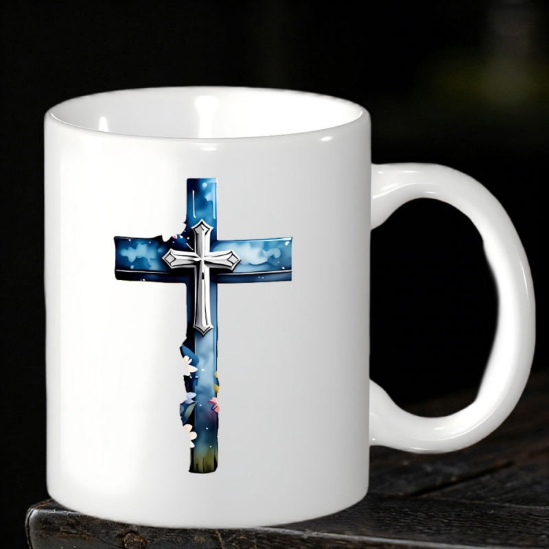 Tailorly White Ceramic 11 oz Mug - Blue Watercolor Galaxy Background With Ornate Metallic Silver Sacred Cross