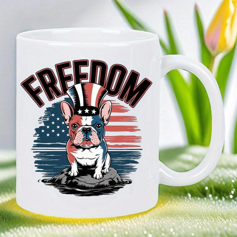 Tailorly White Ceramic 11 oz Mug - Freedom Patriotic Dog Wearing Uncle Sam Hat Against Distressed American Flag Background Bulldog