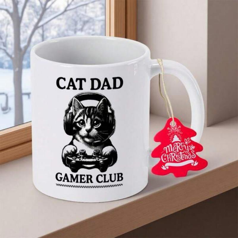 Tailorly White Ceramic 11 oz Mug - Cat Dad Gamer Club Detailed Artistic Sketch Of A Gaming Kitten Wearing Modern Headphones Cat