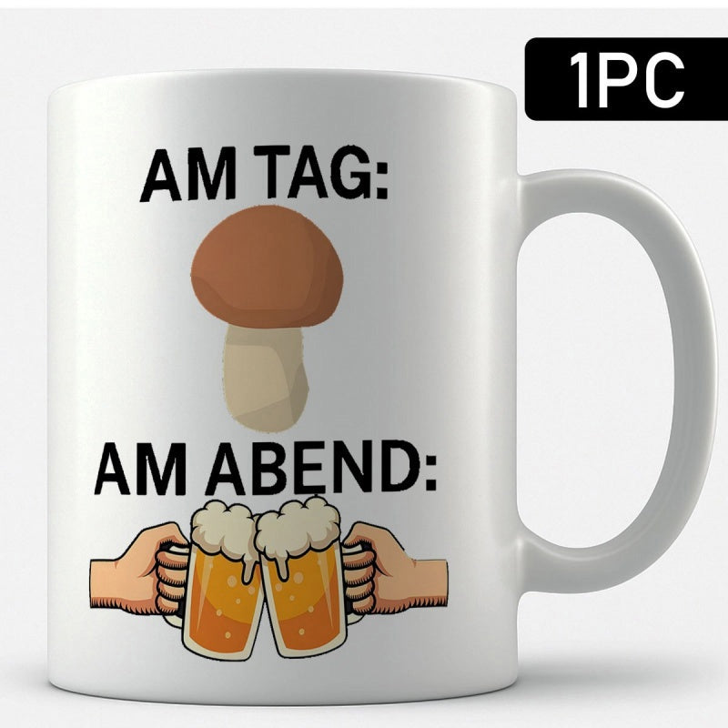 Tailorly White Ceramic 11 oz Mug - Natural Brown Mushroom Design Above Two Hands Clinking Foamy Cold Beer Mug