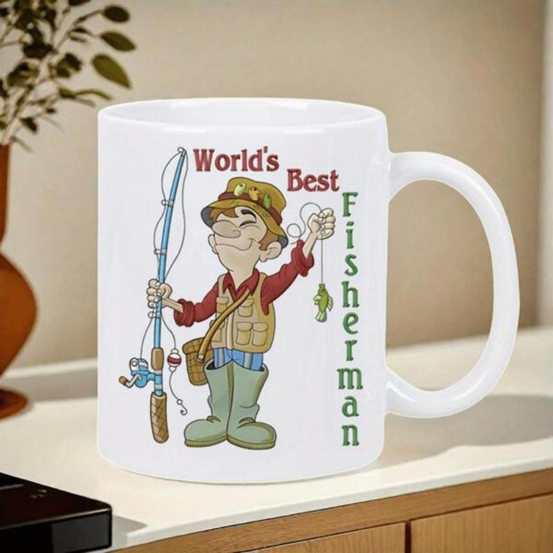 Tailorly White Ceramic 11 oz Mug - World's Best Fisherman Cartoon Character Holding Fishing Rod And Small Catch Fisherman
