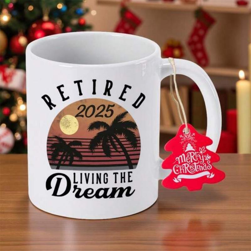 Tailorly White Ceramic 11 oz Mug - Retired 2025 Living The Dream Silhouette Palm Trees With Vibrant Sunset Over Tropical Peaceful Ocean Mug