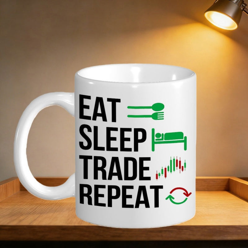 Tailorly White Ceramic 11 oz Mug - Eat Sleep Trade Repeat Minimalist Style Featuring Financial Market Symbols And Daily Routine Icons Sign