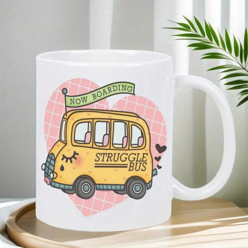 Tailorly White Ceramic 11 oz Mug - Now Boarding Struggle Bus Animated Yellow Vehicle Decorated With Hearts Rolling Across A Pink Backdrop Bus