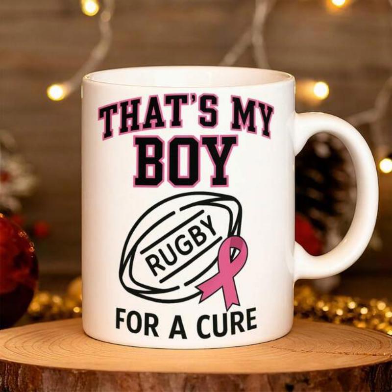 Tailorly White Ceramic 11 oz Mug - Thats My Boy Rugby For A Cure Classic Outline Rugby Ball With Iconic Pink Awareness Ribbon Support Design Rugby Ball