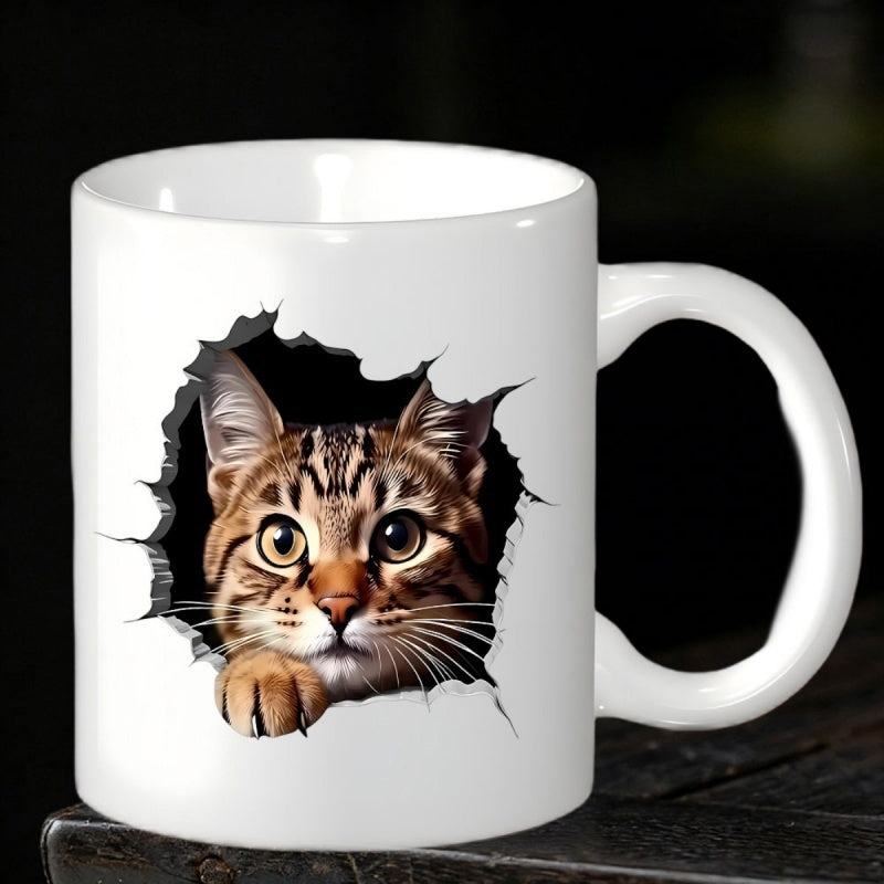 Tailorly White Ceramic 11 oz Mug - Curious Tabby Peeking Through Realistic Torn Surface Effect With Intricate Whiskers Cat
