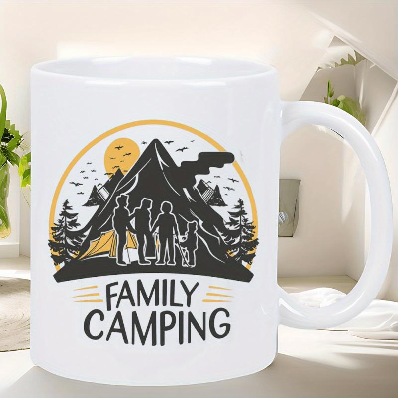 Tailorly White Ceramic 11 oz Mug - Family Camping Silhouetted Family Standing Near A Tent Under Majestic Sunlit Pine Trees Mountain