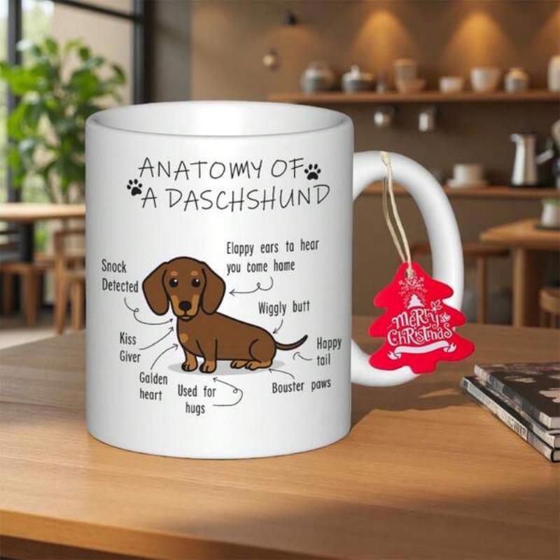 Tailorly White Ceramic 11 oz Mug - Anatomy Of A Dachshund Cute Brown Sausage Dog With Educational Labels And Artistic Paw Prints Dachshund