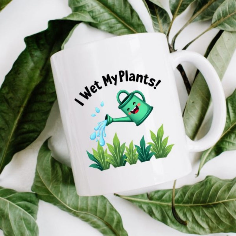 Tailorly White Ceramic 11 oz Mug - I Wet My Plants Happy Cartoon Watering Can Spraying Water Over Lush Green Plants