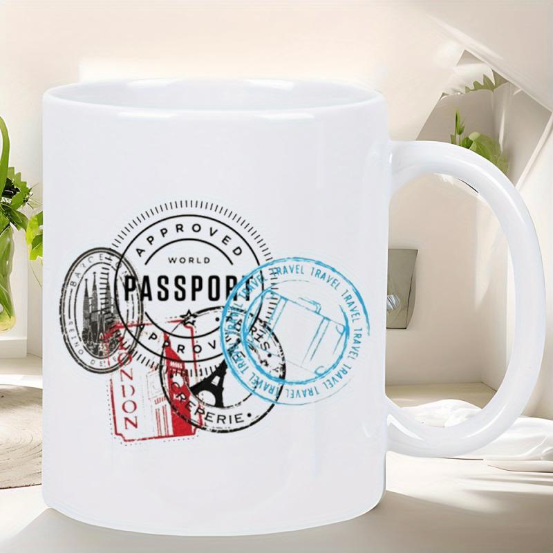 Tailorly White Ceramic 11 oz Mug - Passport London Paris Travel Various Vintage Travel Stamps Featuring Iconic Landmarks And City Names Mug