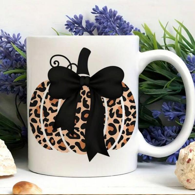 Tailorly White Ceramic 11 oz Mug - Leopard Print Texture Featuring A Large Decorative Black Silk Bow Pumpkin