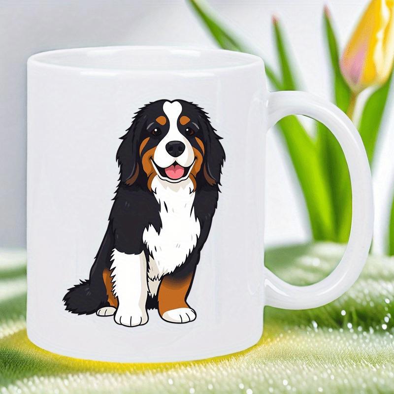 Tailorly White Ceramic 11 oz Mug - Smiling Cartoon Bernese Mountain Dog Sitting On White Background Illustrative Dog