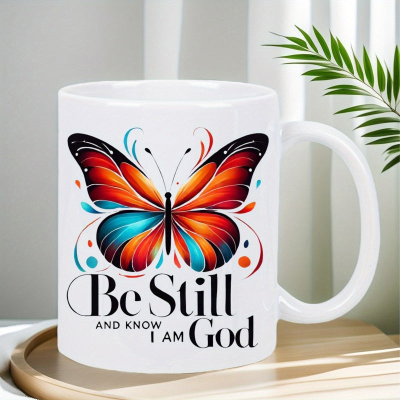 Tailorly White Ceramic 11 oz Mug - Be Still And Know I Am God Vibrant Multicolored Wings Spreading Gracefully With Intricate Swirling Artistic Patterns Butterfly