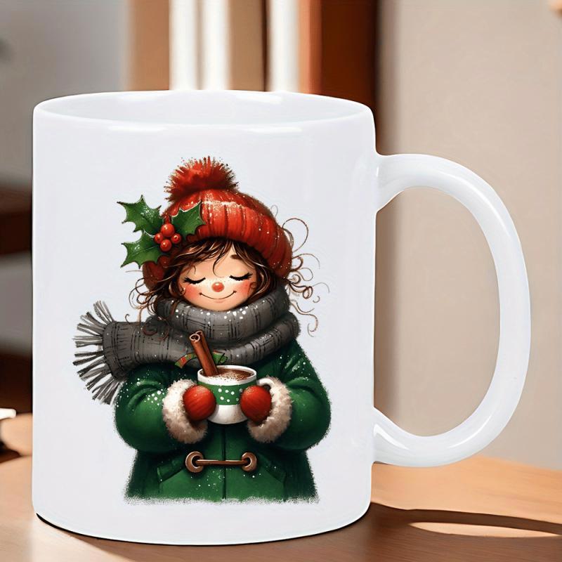 Tailorly White Ceramic 11 oz Mug - Cozy Winter Style With Red Pom Pom Hat Holding Cocoa Girl