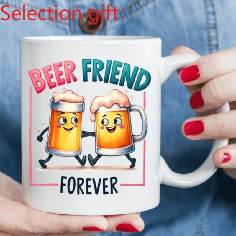 Tailorly White Ceramic 11 oz Mug - Beer Friend Forever Two Cartoon Mugs Walking Together With Foamy Heads And Happy Faces Mug