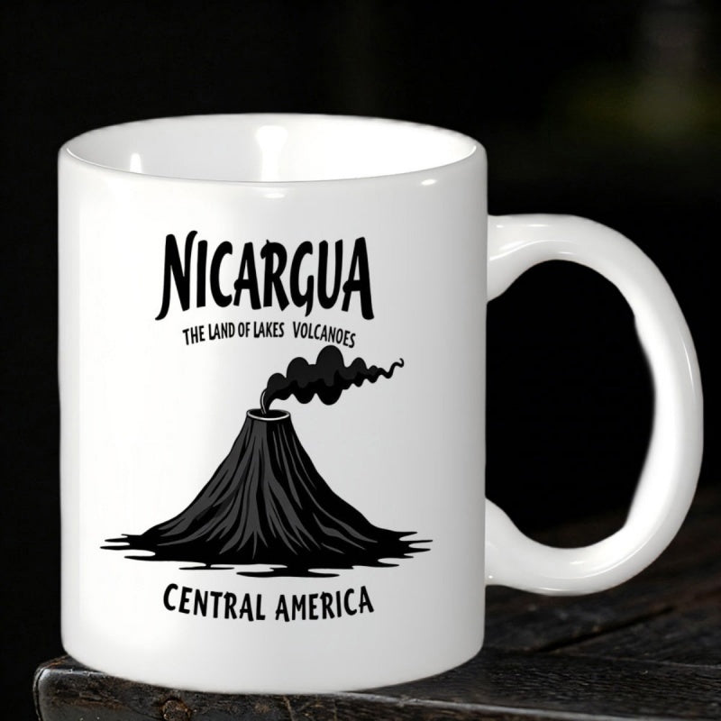 Tailorly White Ceramic 11 oz Mug - Nicargua The Land Of Lakes Volcanoes Central America Erupting Black Volcano With Dark Smoke Plume Over Rugged Mountain Terrain