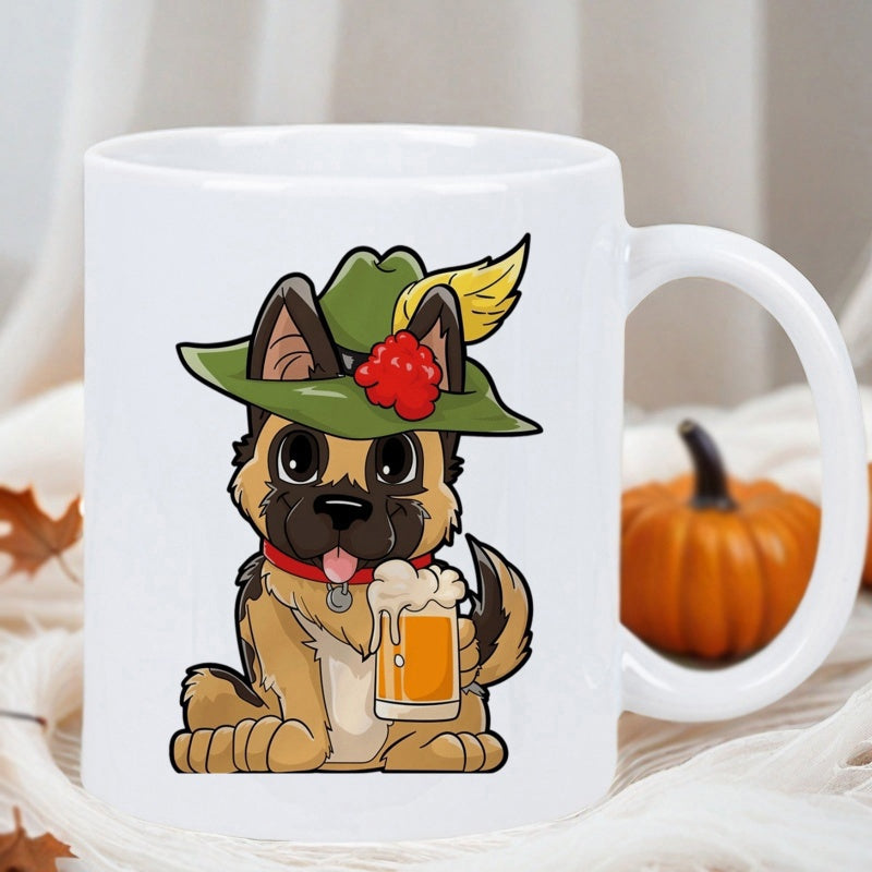 Tailorly White Ceramic 11 oz Mug - Adorable Cartoon Sitting Wearing Traditional Green Hat With Foaming Beer German Shepherd