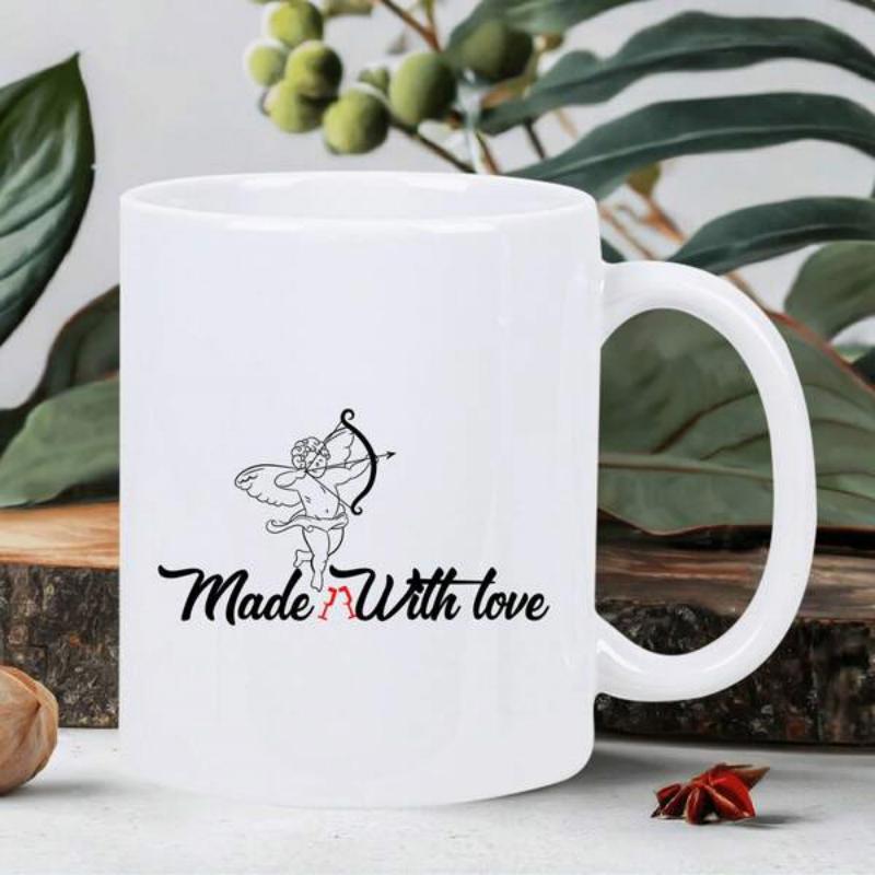 Tailorly White Ceramic 11 oz Mug - Made With Love Charming Winged Figure Aiming A Bow Above Elegant Black Script Cupid