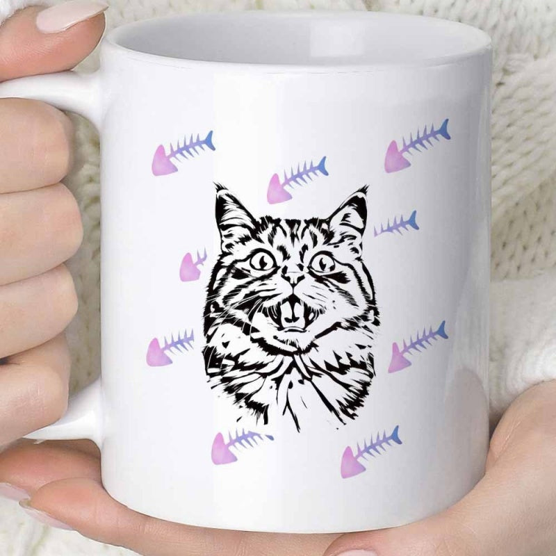 Tailorly White Ceramic 11 oz Mug - Sketchy Hand Drawn Surprised Expression Surrounded By Small Purple Fishbones Cat
