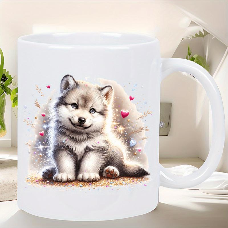 Tailorly White Ceramic 11 oz Mug - Adorable Fluffy Baby Wolf Sitting Among Sparkling Hearts And Glimmering Stars Wolf