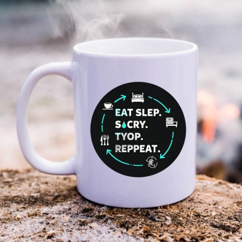 Tailorly White Ceramic 11 oz Mug - Eat Slep Cry Tyop Reppeat Black Circular Badge With Daily Routine Cycle Icons Ceramic Mug