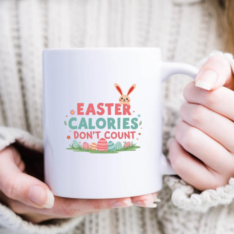 Tailorly White Ceramic 11 oz Mug - Easter Calories Don't Count Cute Bunny Peeking Over Festive Text Among Colorful Painted Eggs Bunny
