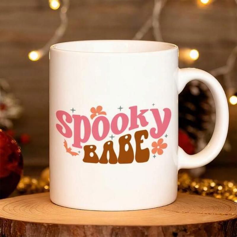 Tailorly White Ceramic 11 oz Mug - Spooky Babe Retro Groovy Halloween Style With Pink And Brown Lettering