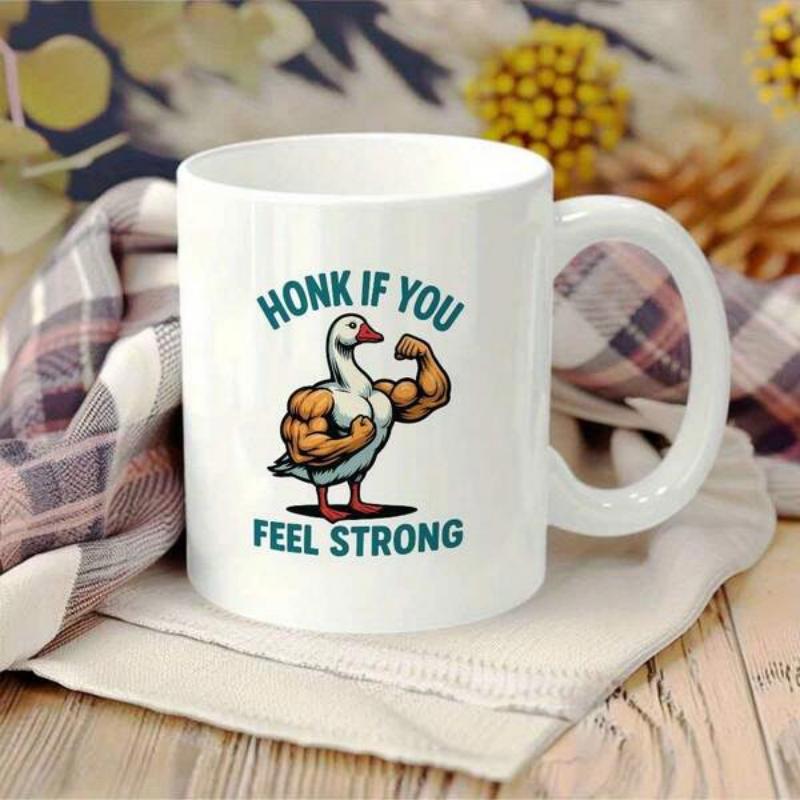 Tailorly White Ceramic 11 oz Mug - Honk If You Feel Strong Powerful Muscular Bird Flexing Biceps With Cartoon Style In Detailed Illustration Goose