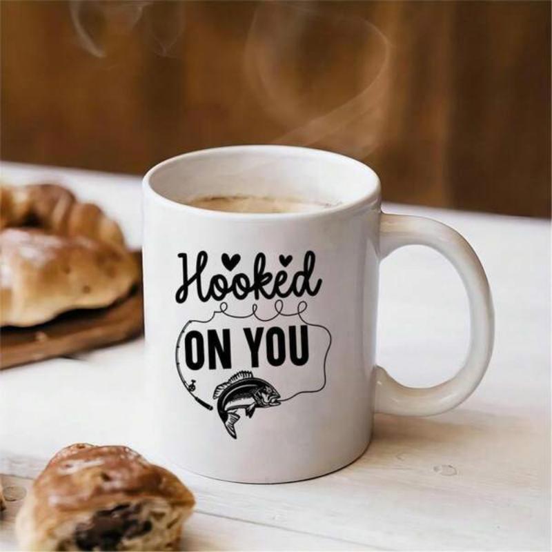 Tailorly White Ceramic 11 oz Mug - Hooked On You Jumping Silhouette With Thin Fishing Line And Hearts Symbolizing Love Fish