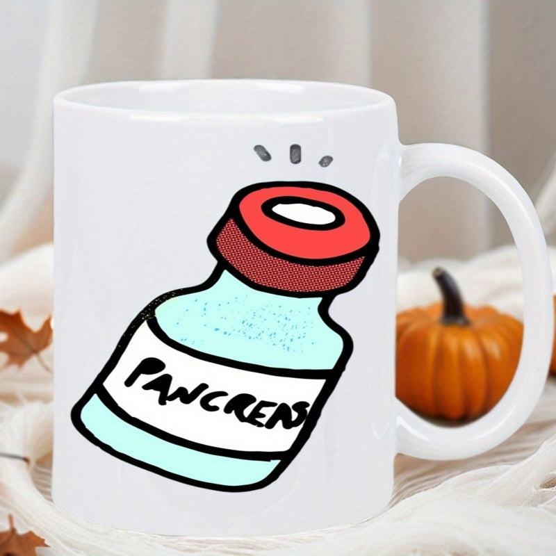 Tailorly White Ceramic 11 oz Mug - Pancreas Cartoon Medical Vial With Red Cap And Bright Blue Liquid Bottle