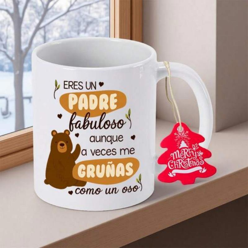 Tailorly White Ceramic 11 oz Mug - Adorable Brown Bear Waving Friendly Hand Among Heart And Leaf Graphics Bear