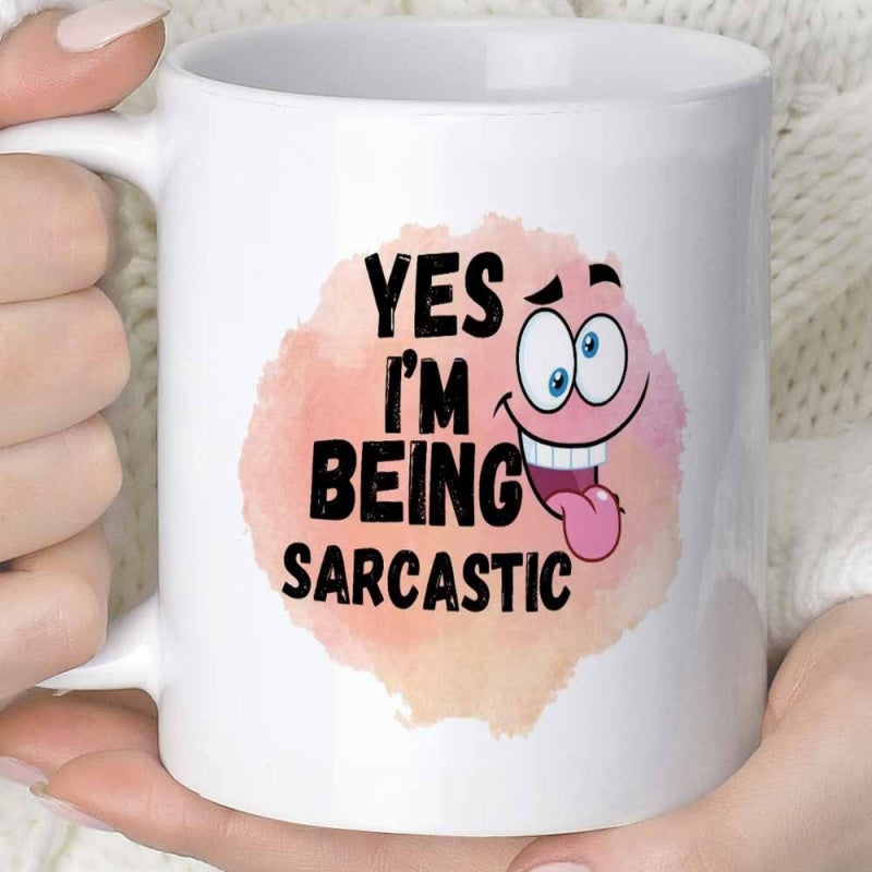 Tailorly White Ceramic 11 oz Mug - Yes Im Being Sarcastic Silly Cartoon Expression With Protruding Tongue On Pink Watercolor Textured Backdrop Face