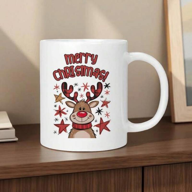 Tailorly White Ceramic 11 oz Mug - Merry Christmas Festive Cartoon Character With Red Scarf And Plaid Patterned Antlers Reindeer