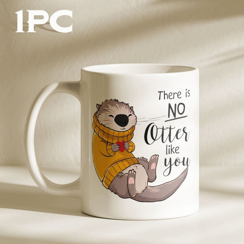 Tailorly White Ceramic 11 oz Mug - There Is No Otter Like You Cute Cartoon Sea Animal Wearing Yellow Sweater Holding Heart Otter