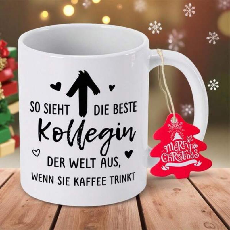 Tailorly White Ceramic 11 oz Mug - Merry Christmas Hand Drawn Upward Arrow Surrounded By Small Hearts And Festive Christmas Tree Tag Mug