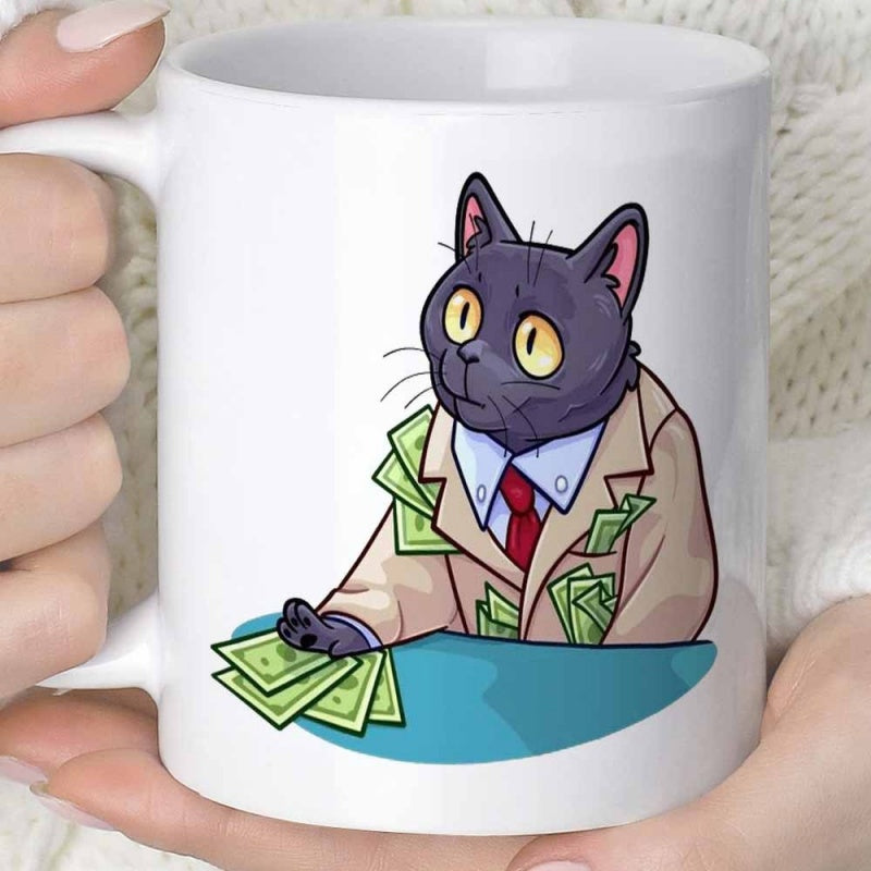 Tailorly White Ceramic 11 oz Mug - Dressed In Professional Suit Surrounded By Stacks Of Cash Currency Cat