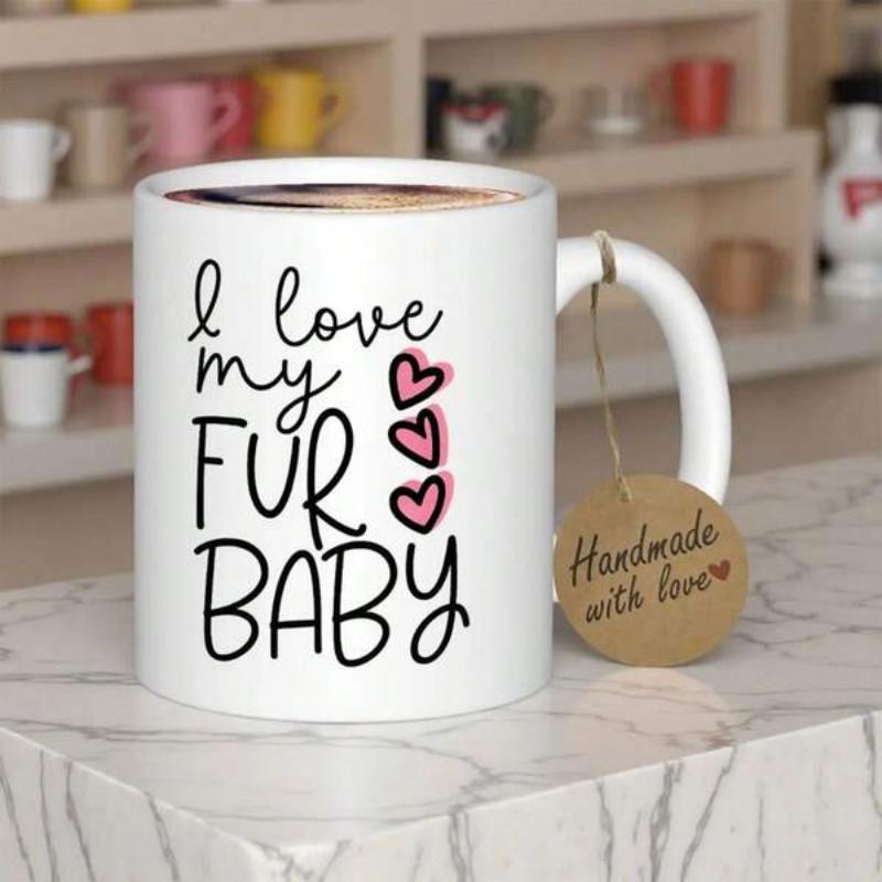Tailorly White Ceramic 11 oz Mug - I Love My Fur Baby Sweet Minimalist Design With Three Stacked Tiny Delicate Pink Handdrawn Hearts