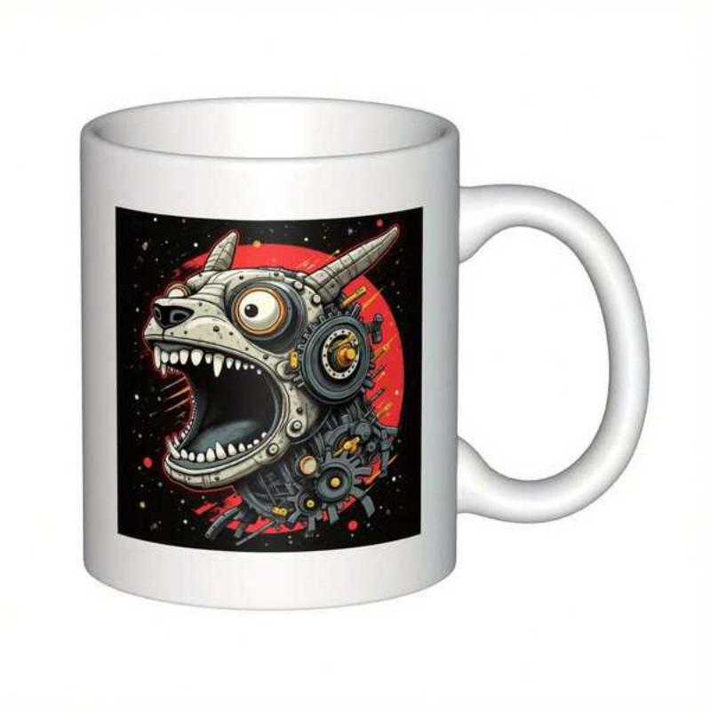 Tailorly White Ceramic 11 oz Mug - Mechanical Gears Grinning Monstrous Canine Under Glowing Red Sun Celestial Background Dog