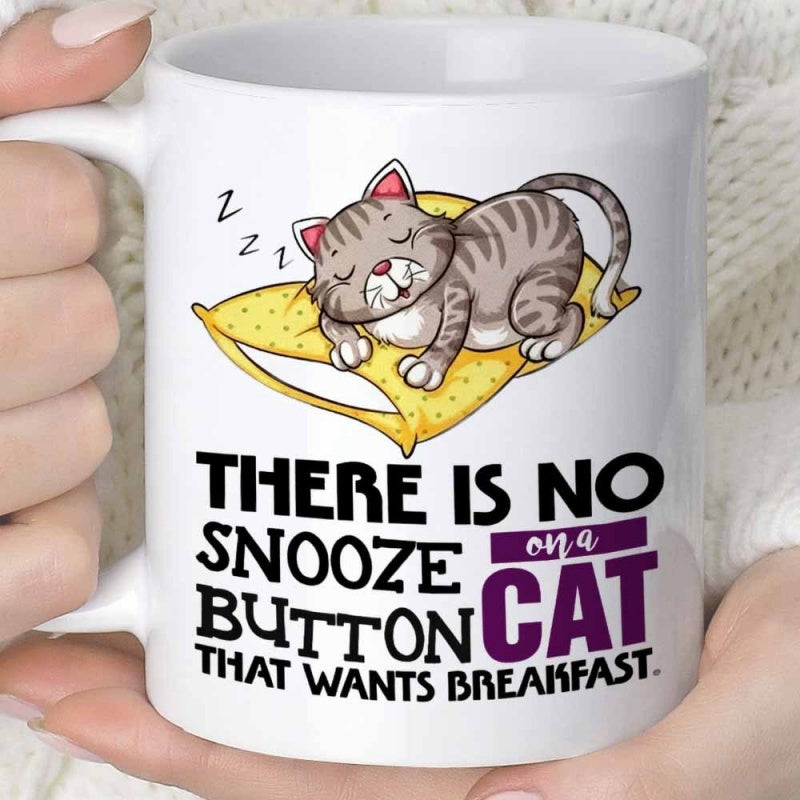 Tailorly White Ceramic 11 oz Mug - There Is No Snooze Button On A Cat That Wants Breakfast Adorable Sleeping Tabby Cat Resting Peacefully On A Soft Yellow Cushion
