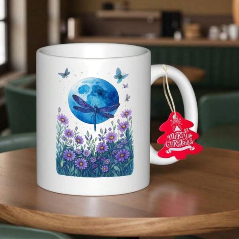 Tailorly White Ceramic 11 oz Mug - A Merry Christmas Radiant Blue Moon Over Wildflowers With Ethereal Dancing Butterflies Dragonfly