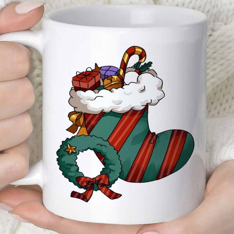 Tailorly White Ceramic 11 oz Mug - Festive Red And Green Striped Bag Overflowing With Holiday Presents Stocking