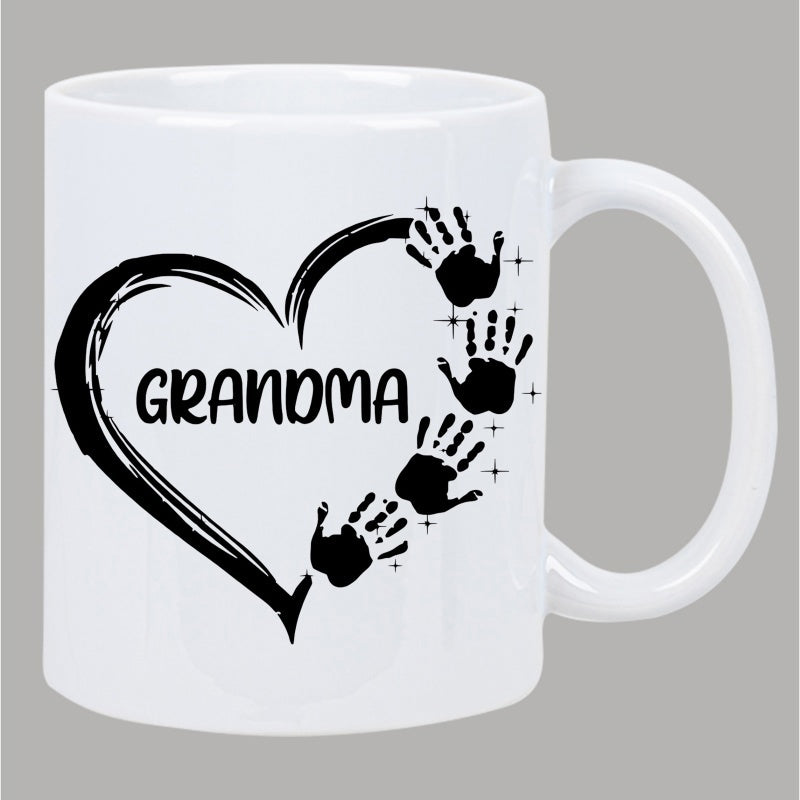 Tailorly White Ceramic 11 oz Mug - Grandma Artistic Brush Stroke Outline With Small Handprints And Stars Heart