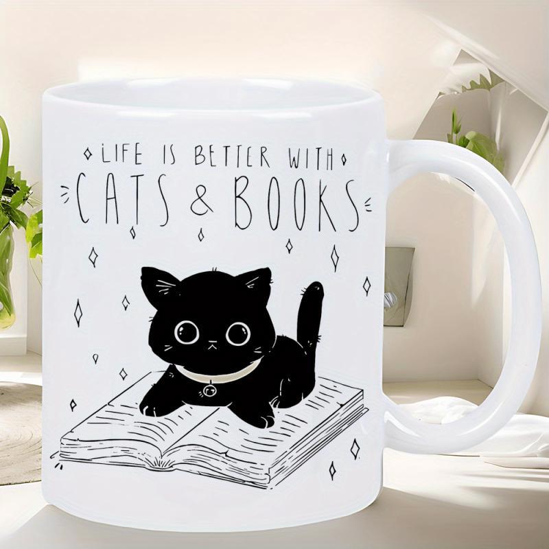 Tailorly White Ceramic 11 oz Mug - Life Is Better With Cats Books Adorable Small Black Kitten Resting Peacefully On An Open Story Book Cat