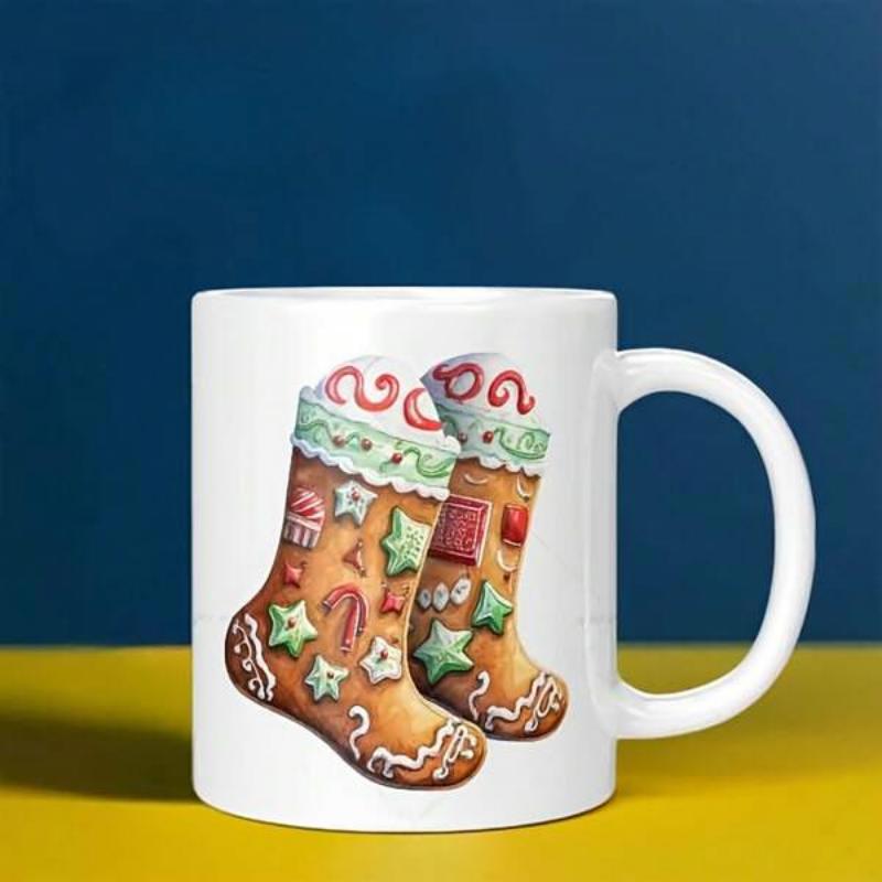 Tailorly White Ceramic 11 oz Mug - Festive Gingerbread Cookies Decorated With Colorful Icing Stars And Candy Stocking