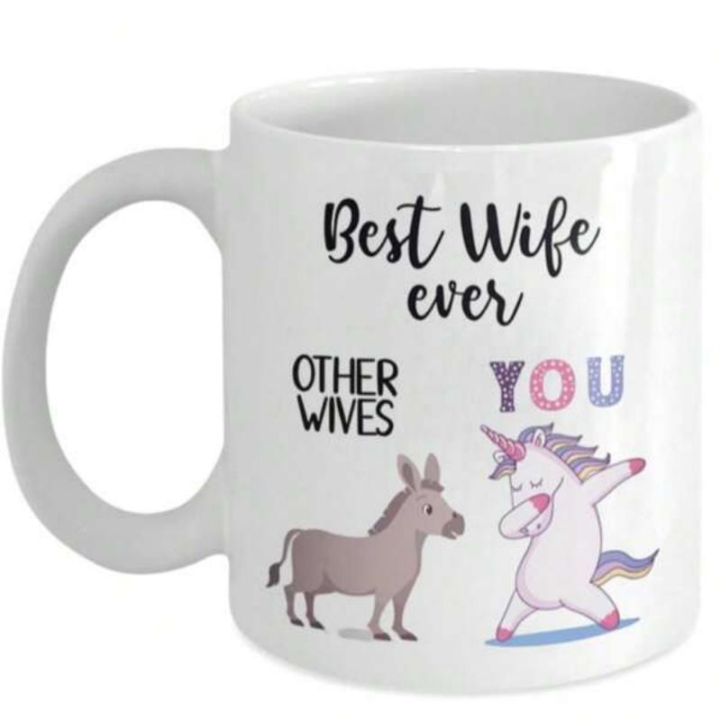 Tailorly White Ceramic 11 oz Mug - Best Wife Ever Other Wives You Playful Dancing Unicorn Standing Beside A Humble Little Grey Donkey Unicorn